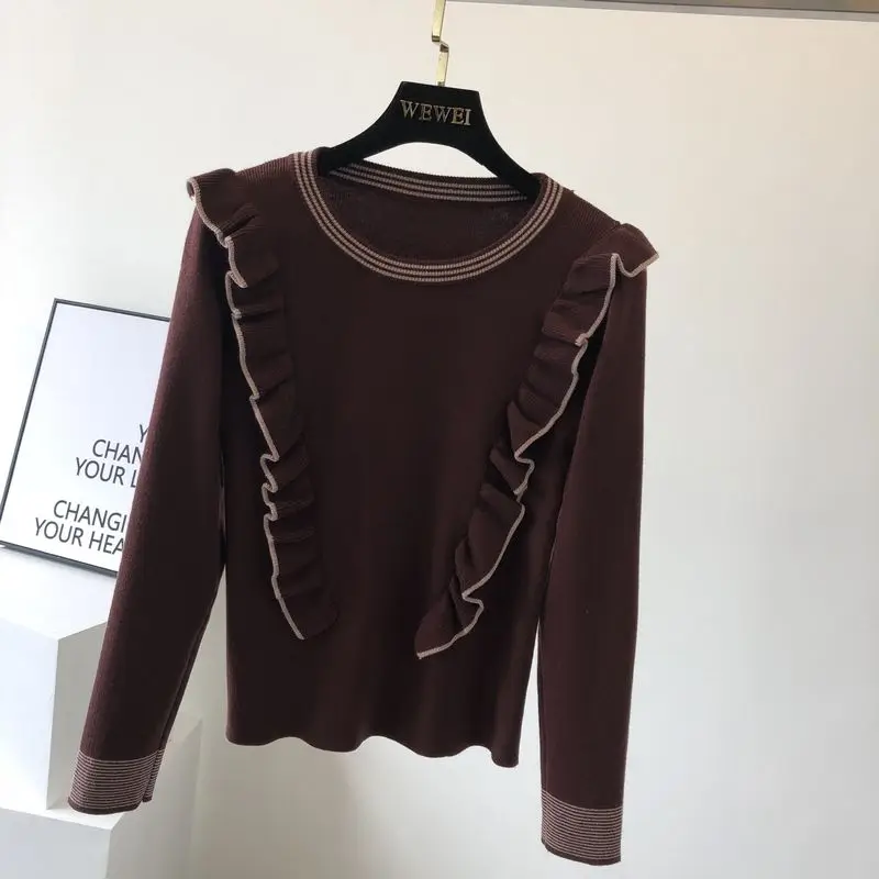 Хаки ALPHALMODA милые плиссированные джемперы с оборками, вязаный свитер в полоску, пуловеры в консервативном стиле, зимняя одежда для женщин, облегающая женская одежда - Цвет: Хаки