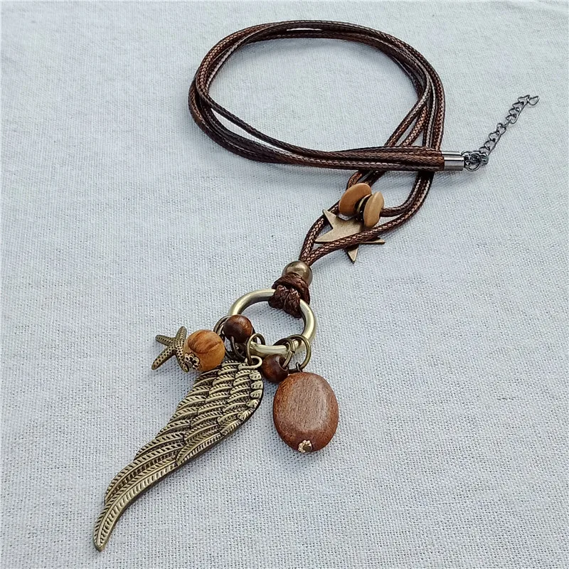 2018 двойной винтажный длинный кулон ожерелье деревянные звезды крылья ручной