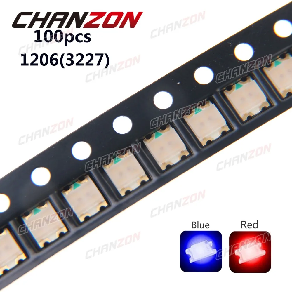 100 шт. SMD 1206 (3227) двухцветная синяя и красная SMT чип 20 мА DC 2 в светодиодный диодный