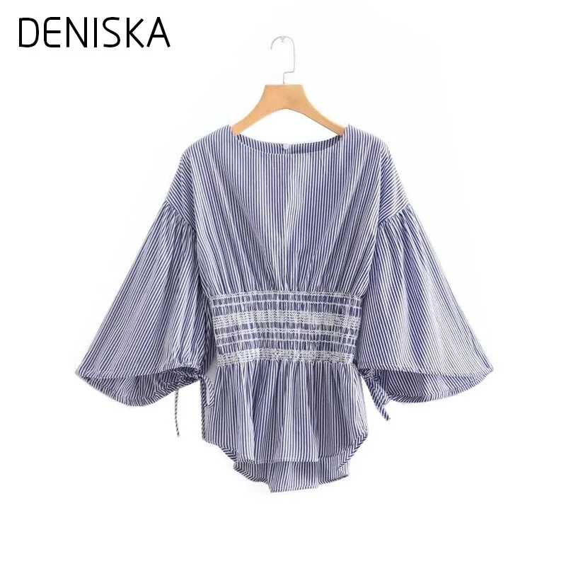 DENISKA Повседневная Бабочка Рукавом Женщин Блузки 2018 Новая Мода Эластичный Пояс
