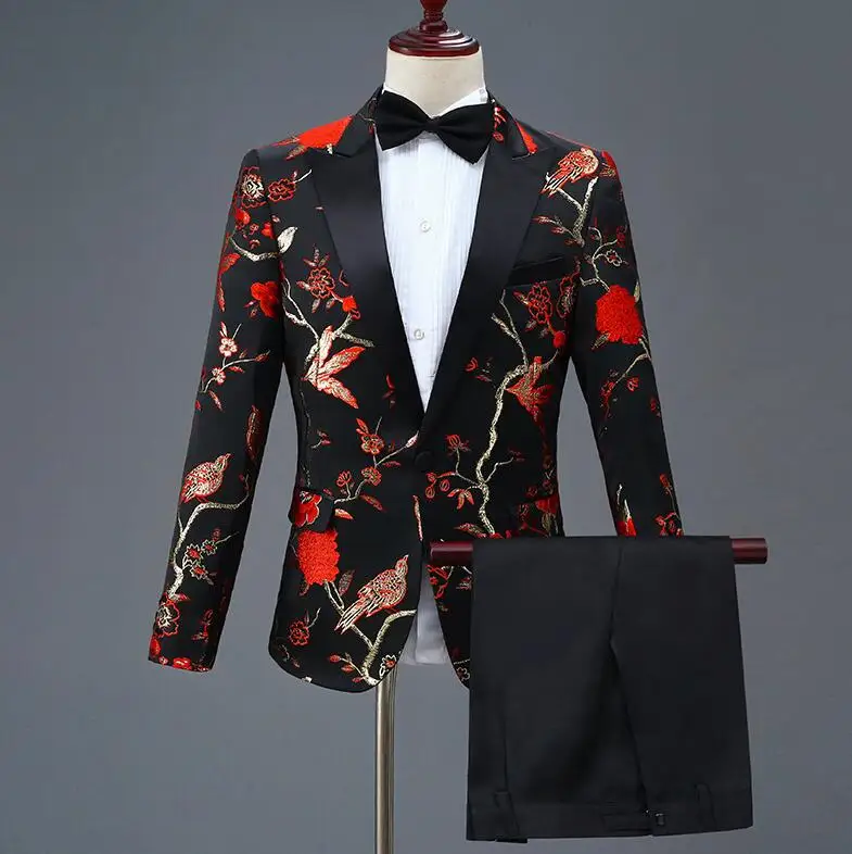 Jacket pants tie3 SHENRUN дизайн Мужская Стильная Вышивка Королевский синий зеленый красный цветочный узор костюмы сценический певец свадебный смокинг жениха костюм - Цвет: Jacket pants tie3