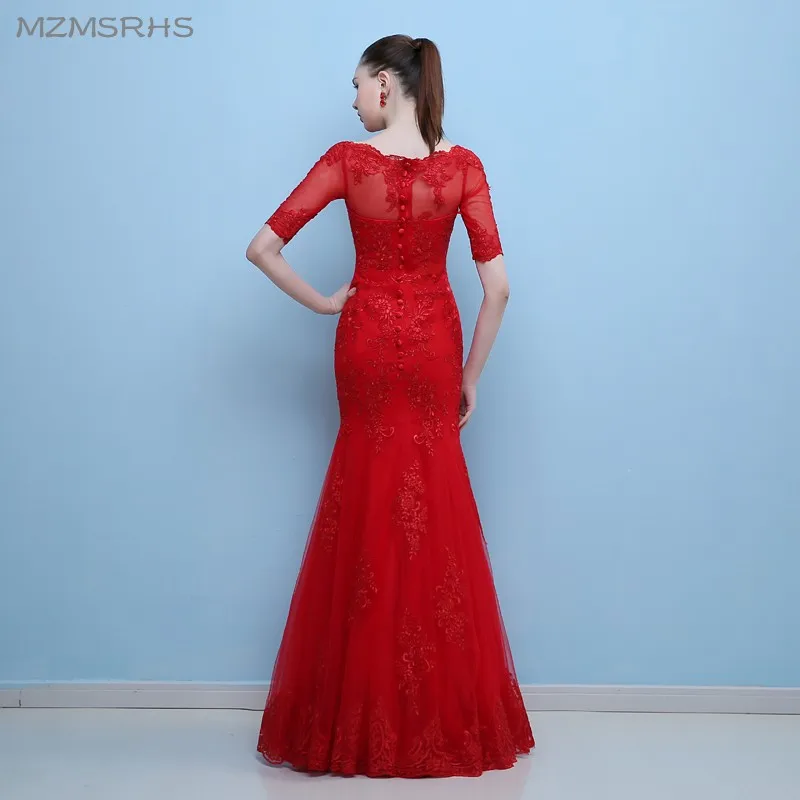 Женское вечернее платье русалка красное кружевное с рукавом до локтя модель 2017|red
