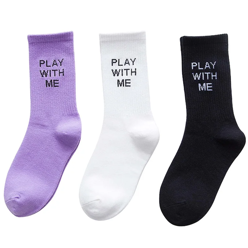 3 Pairs Women Socks Street Kawaii Skateboard Hip Hop Socks All-match Funny English Words PLAY WITH ME Tide Art Sock Meias Sox
