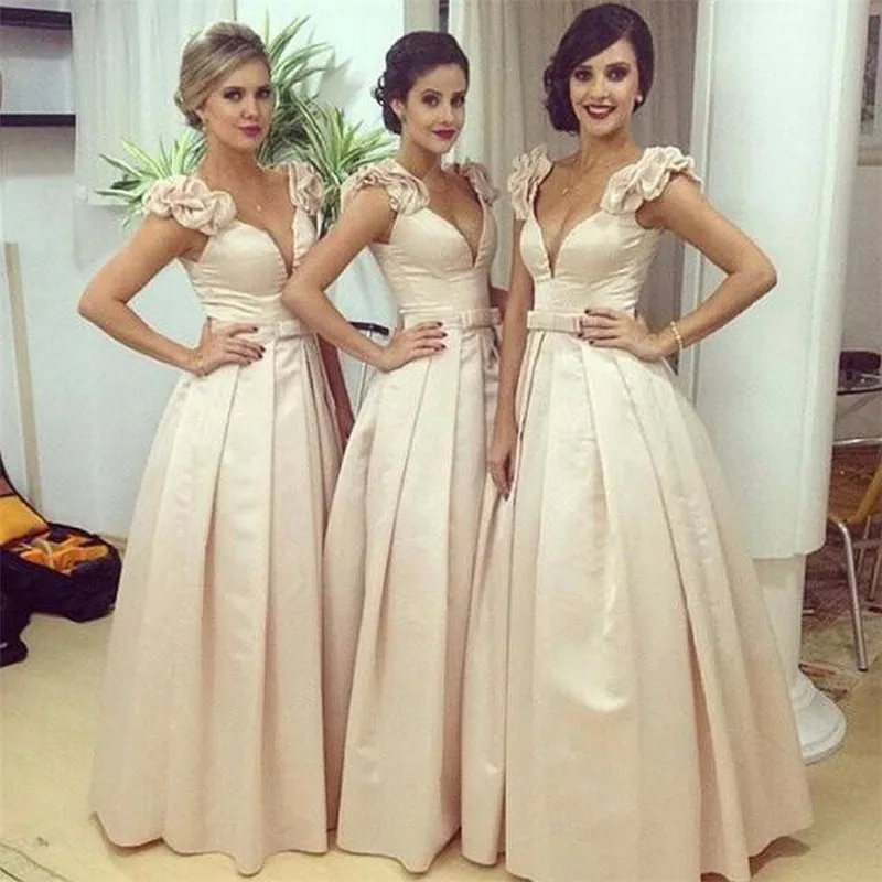2017 Атласная Длинные Платья Невесты Рукавов Сексуальная V шеи Maid of Honor Формальные |