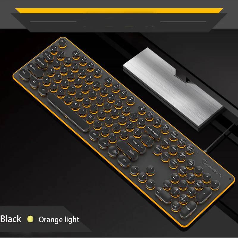 Black -Orange Light USB светодиодный Ретро клавиатура с подсветкой, круглая клавиатура-104 клавиш, винтажная стимпанк игровая клавиатура для ПК - Цвет: Black -Orange Light