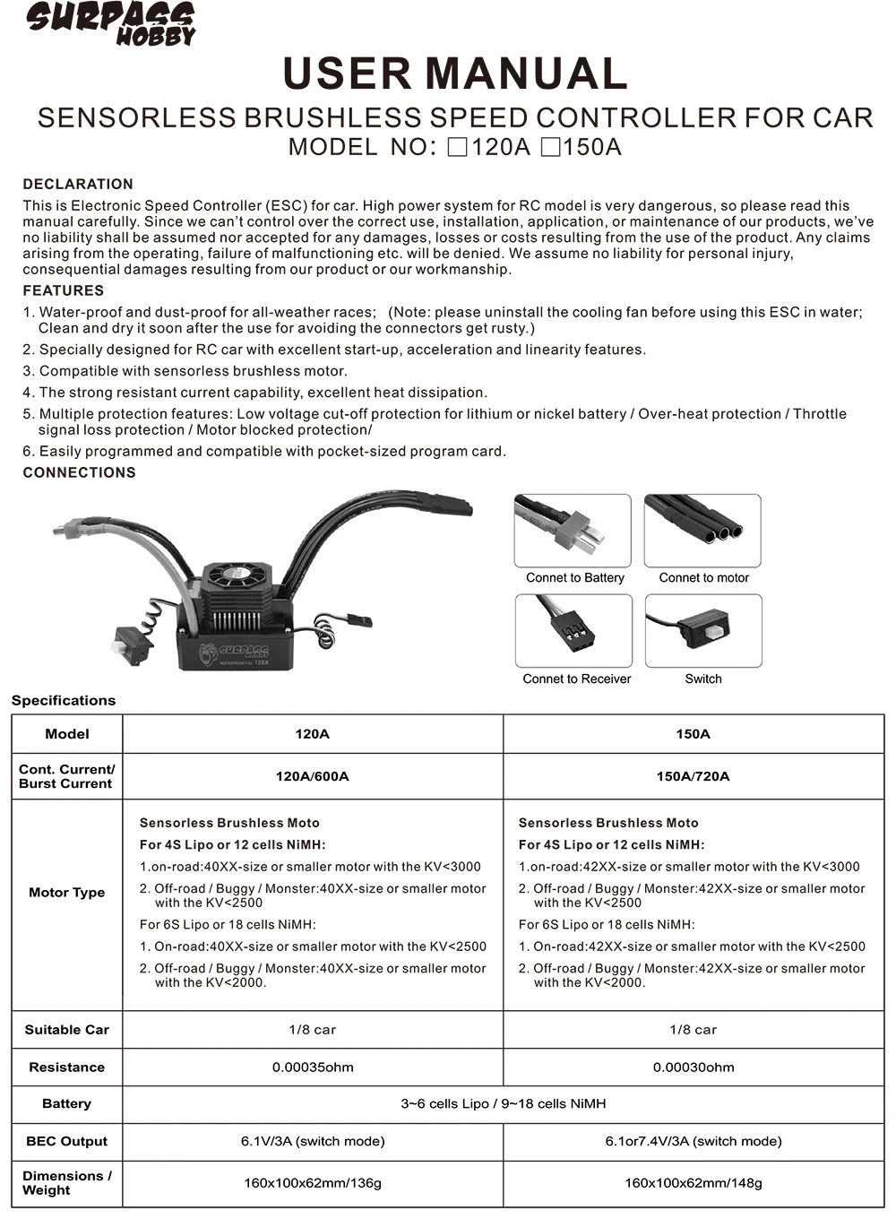 SURPASSHOBBY KK водонепроницаемый 120A ESC Электрический контроллер скорости для RC 1/8