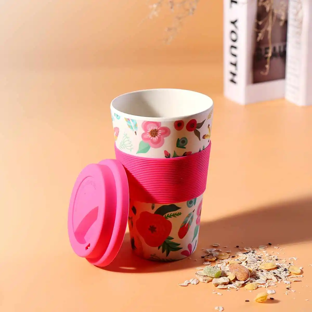 Flower 400 мл 6 стилей многоразовые чашки для кофе из бамбукового волокна кружки для путешествий Кружка для питья воды дорожная кружка для здоровья - Цвет: Flower