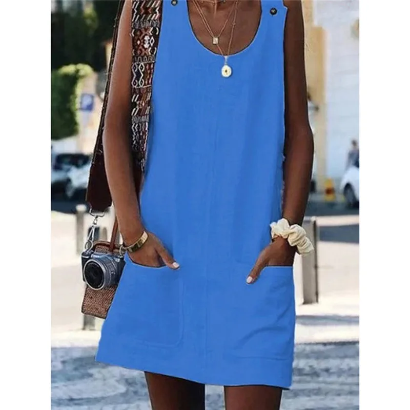 Style 2 Blue Кнопка платье на бретелях Для женщин рукавов карманы Повседневное платье из хлопка летние Пляжное платье Белый Короткие линии платья дамы - Цвет: Style 2 Blue