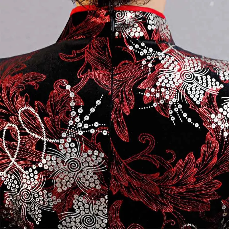 

2020 High Quality Elegant Red Satin QiPao Chinese Tradition Vietnam Velvet Dress Lady Short Sleeve Cheongsam Long Dress M-XXXL