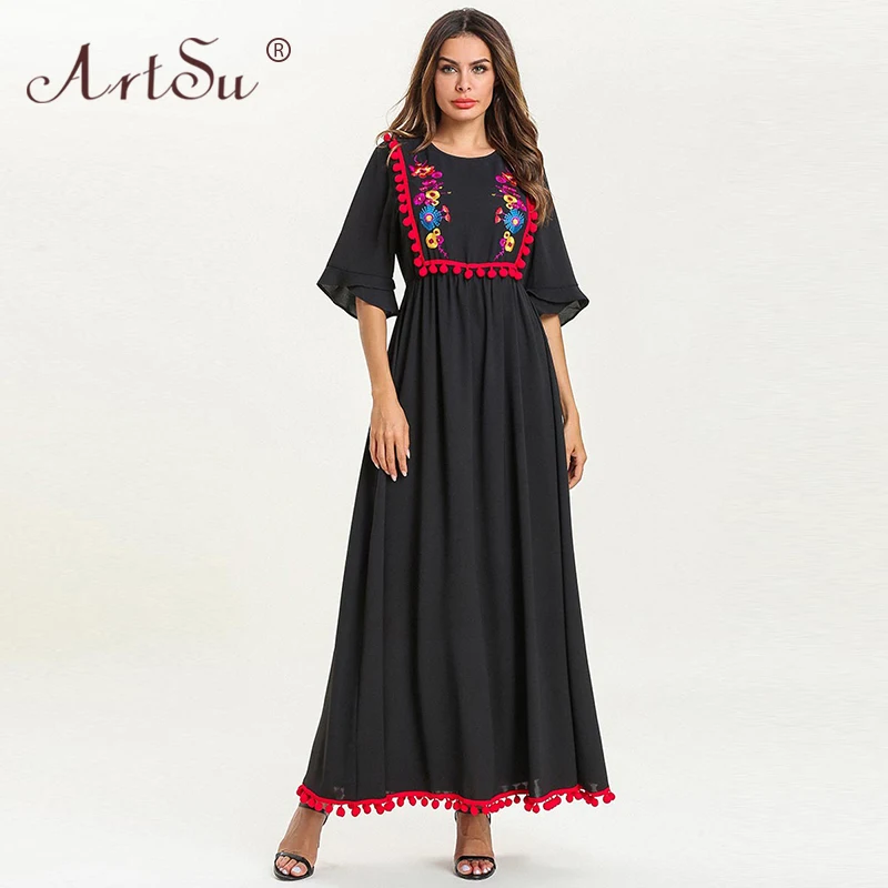 Женское платье с цветочной вышивкой ArtSu черное макси в стиле ретро модель 2019 |