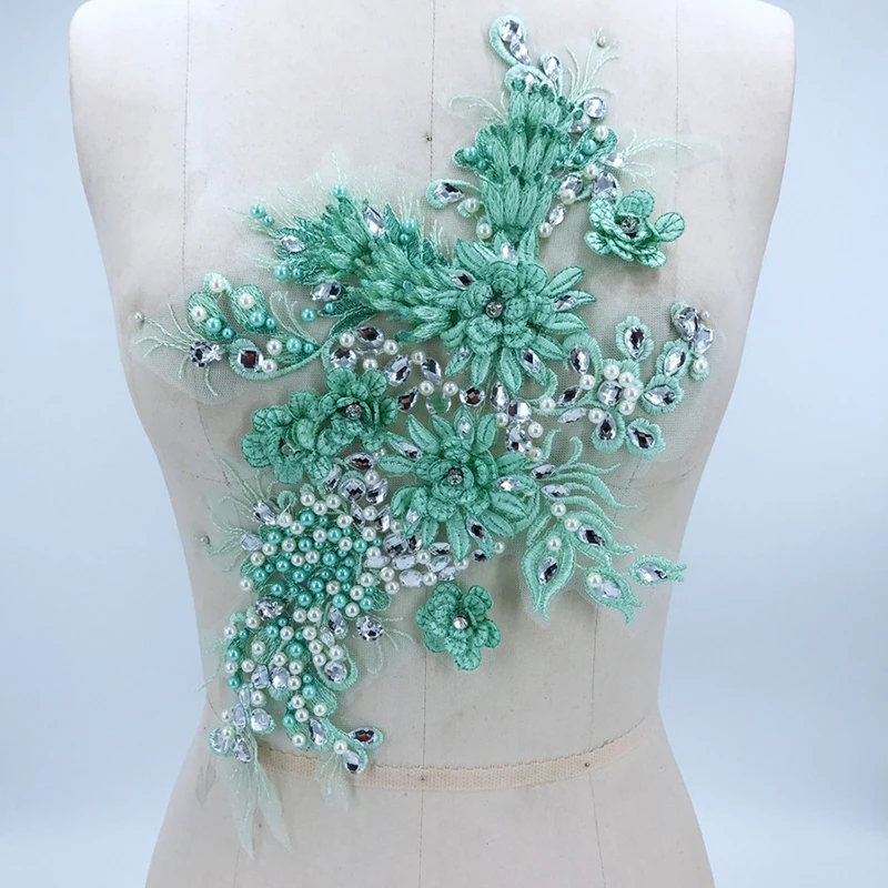 

1 Piece Beaded Lace Applique 3D Flower Green Fabric Lace Trim Sew On Rhinestone For DIY Wedding Dress Bride Headdress Shoes Hat