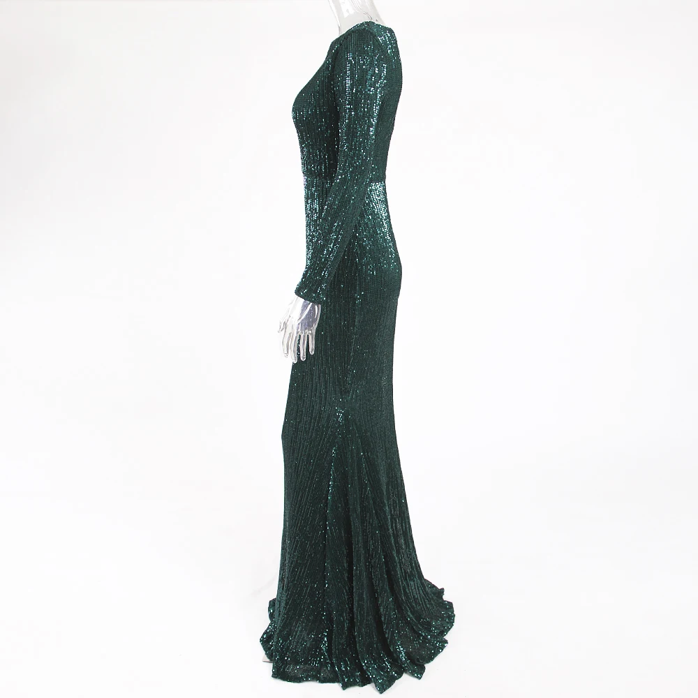 Вечернее платье в пол с круглым вырезом длинными рукавами и блестками|Вечерние