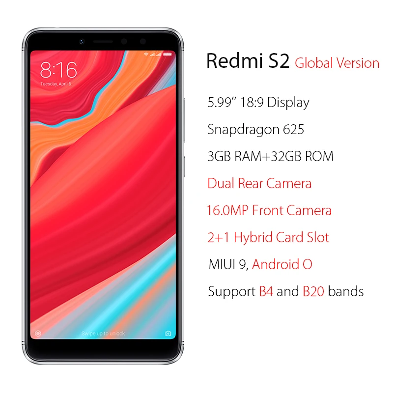 Xiaomi Redmi S2 3 ГБ 32 5 99 ''Экран смартфон Глобальный Версия Snapdragon 625 двойной Камера 4G