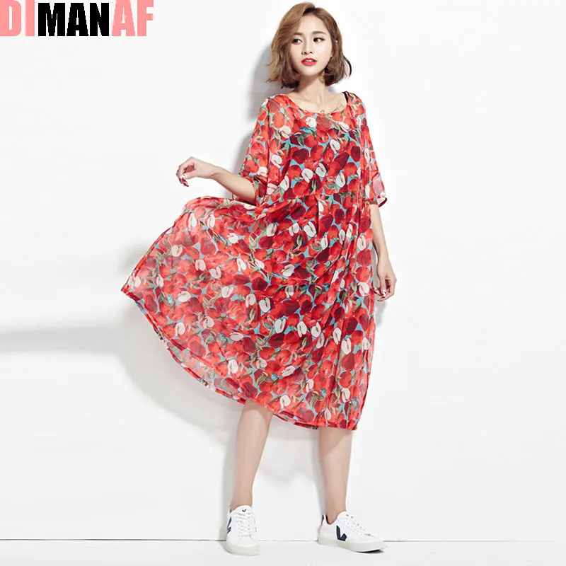 Женское шифоновое платье DIMANAF повседневное праздничное оверсайз с принтом яблок