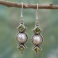 exquisite creative lady square cz olive green long earrings vintage retro silver plated pearl earrings for women jewelry gifts