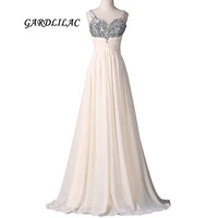 new spaghetti strap long prom dresses champagne chiffon evening prom gowns crystal beads wedding party gowns