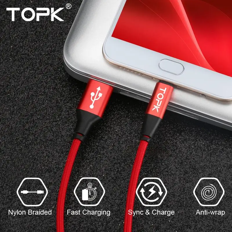 Кабель TOPK usb type C для huawei P20 Lite mate 10 Pro с нейлоновой оплеткой кабель samsung Glaxay S9 USB