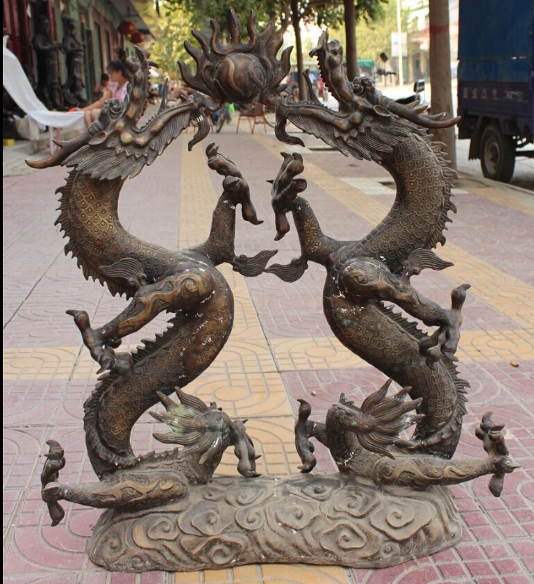 WBY 32&quot Vintage Chinese Bronze Animal Emperor Royalty 2 Dragon Play Ball States | Дом и сад
