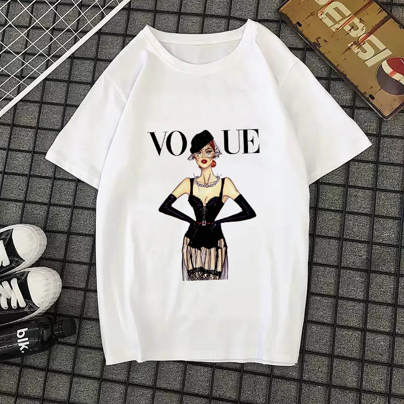 Летняя Новинка, модная женская футболка, VOGUE, с буквенным принтом, Harajuku, футболка с круглым вырезом и коротким рукавом, белые топы, женская одежда