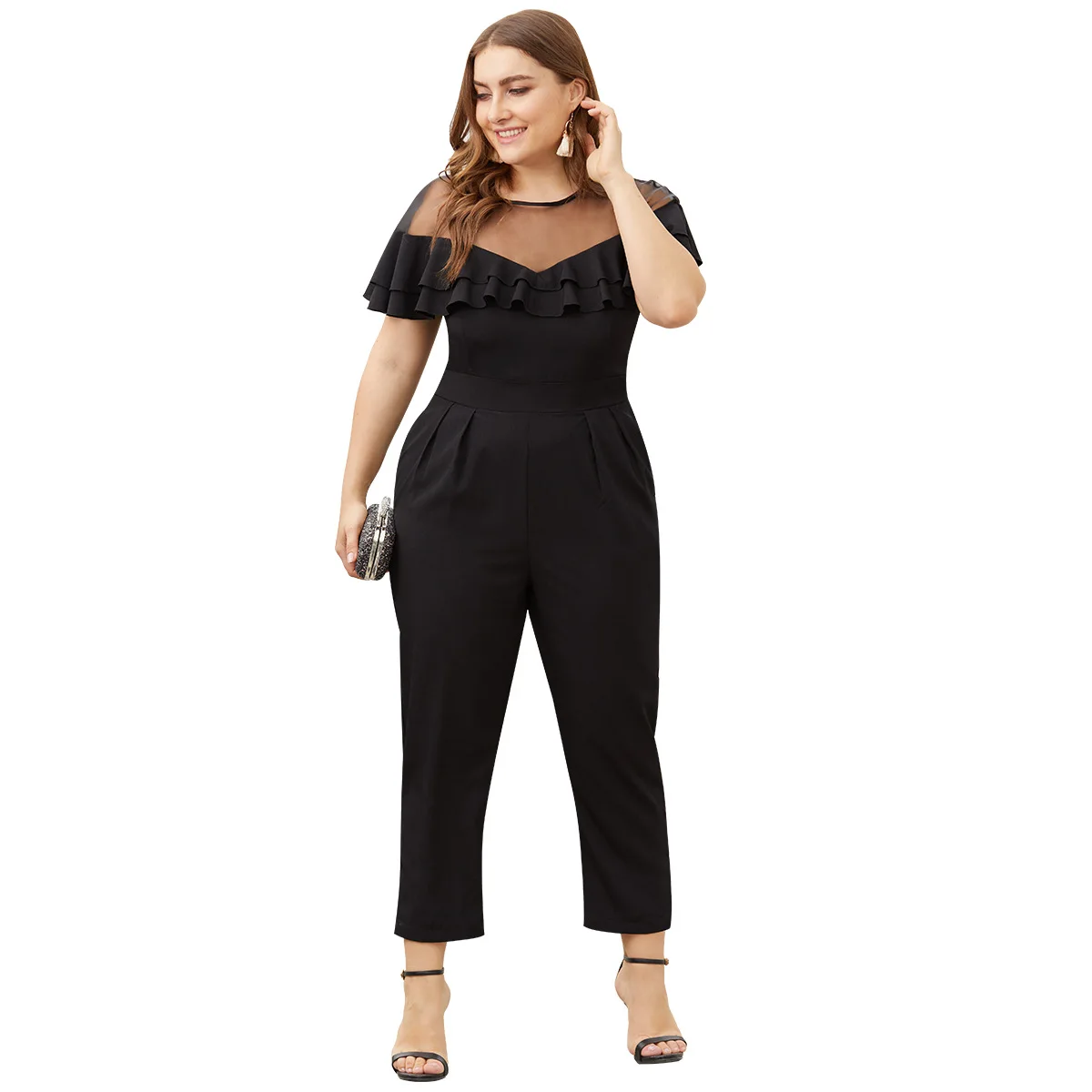 XL 4XL размера плюс летние женские комбинезоны сексуальные сетчатые с оборками