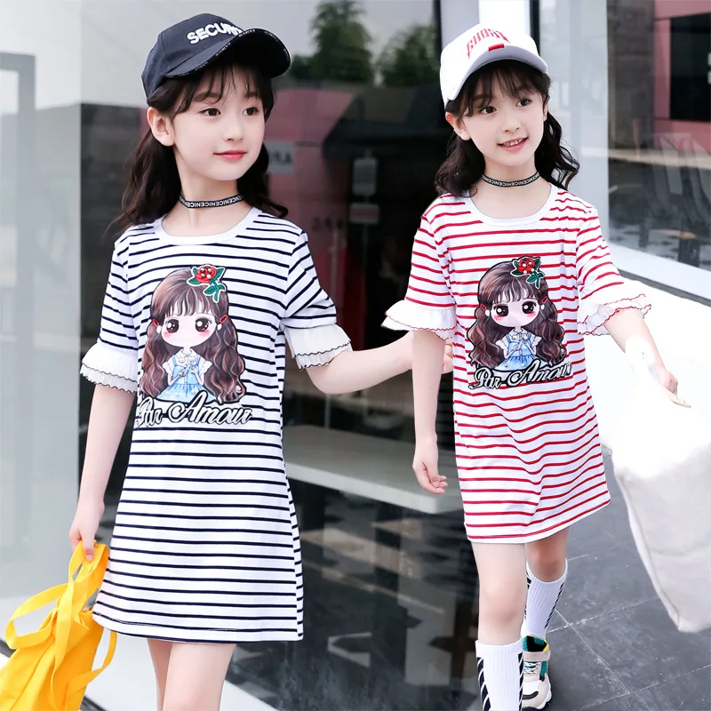 Kids Girls Dress Cotton Striped Short sleeve Clothing summer Casual Children 4 5 6 7 8 9 10 11 12 13 14 Years | Детская одежда и