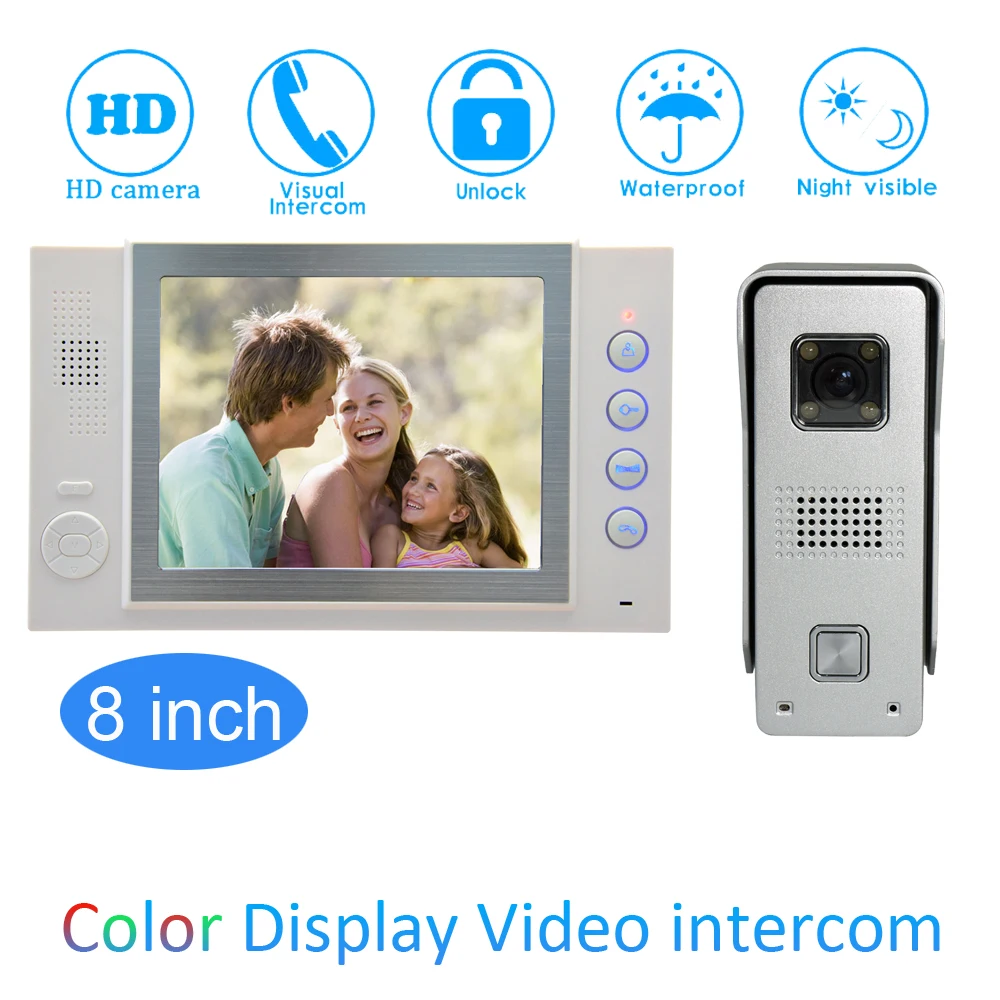 

8'' Color LCD Video Door Phone House Garden improvement Device Wire Doorbell Door Release Unlock Night Vision IR HD Camera