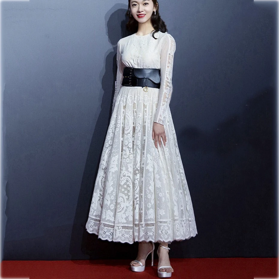 Элегантное белое платье с кружевом и 2019 Для женщин длинным рукавом расклешенное