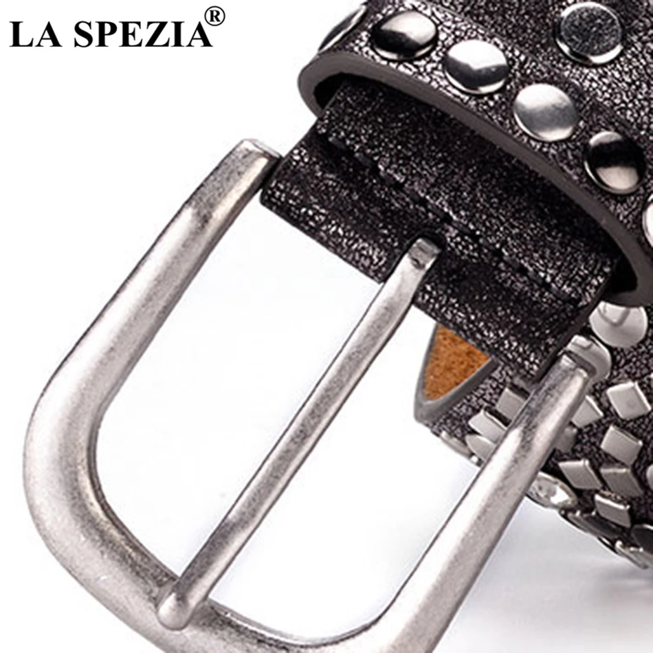 LA SPEZIA Women Belt Rivet Genuine Cow Leather Belt For Jeans Ladies Black Real Leather Brand Female Rock Pin Buckle Belts 110cm