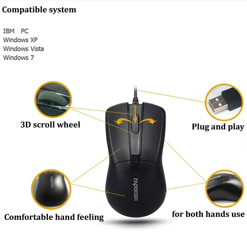 Rapoo Оптическая Мышь Gaming Офис Компьютерные Мыши с Высоким Качеством Кабеля эргономичная Мышь Для Портативных ПК Desktop