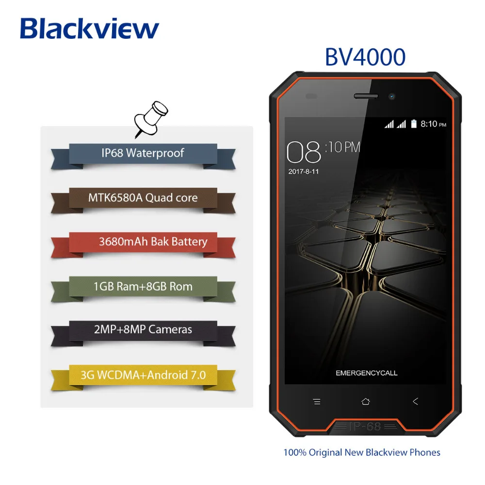 Blackview BV4000 IP68 Водонепроницаемый мобильный телефон 4.7 &quotHD MTK6580A 4 ядра android 7.0 1 ГБ + 8 8MP