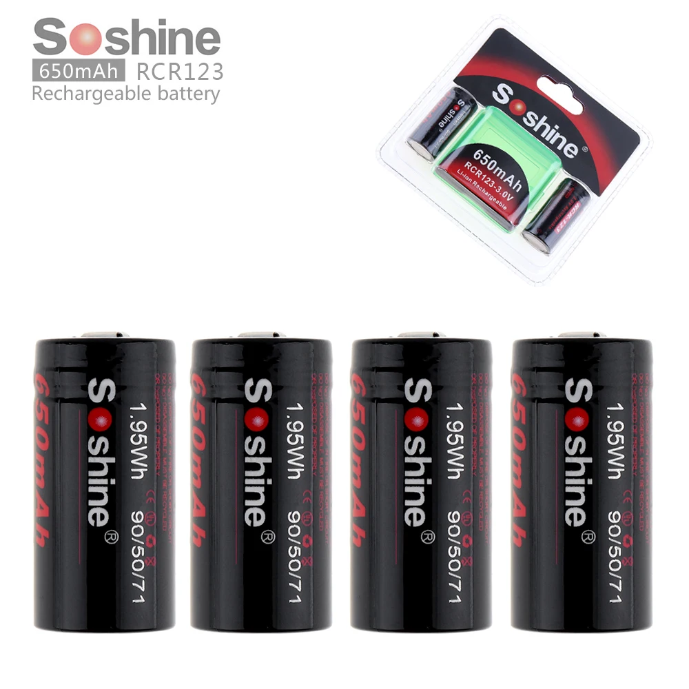 4 шт. Soshine RCR 123 3V 650mAh литий ионная аккумуляторная батарея коробка и