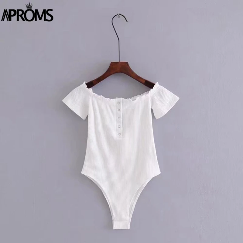 Aproms, ребристые боди с открытыми плечами, женские повседневные облегающие комбинезоны с коротким рукавом, уличная одежда, комбинезон, трикотажный топ - Цвет: Белый
