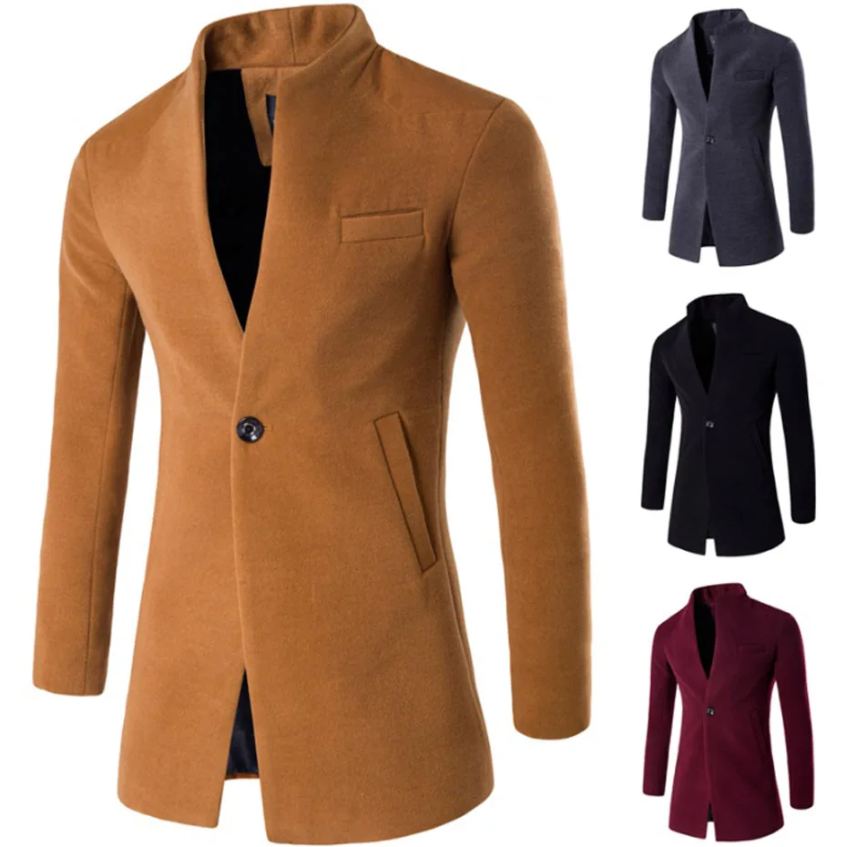 ZOGAA 2019 Wool Coat Men Winter Long Slim Cardigan Windbreaker One Button Mandarin Collar Casual Woolen Overcoat | Мужская одежда
