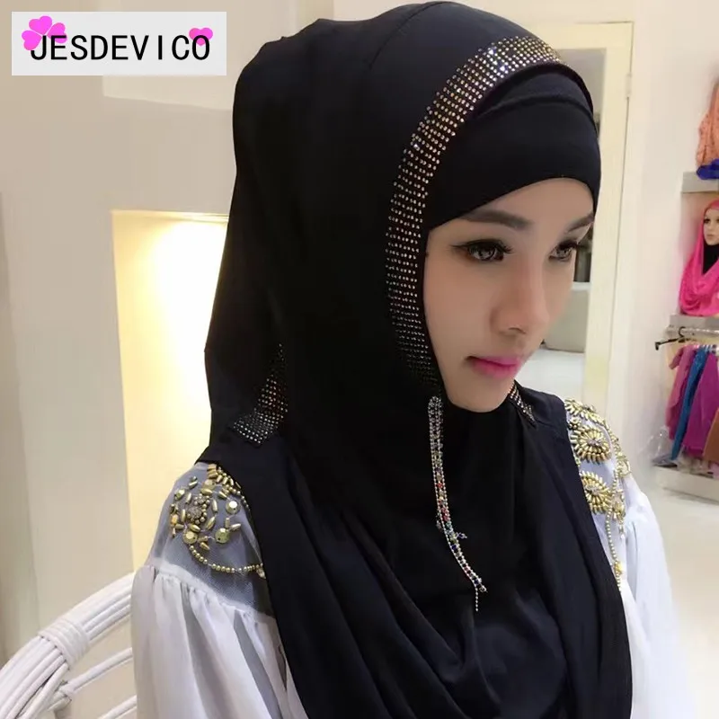 Женский хиджаб мусульманский шарф с бриллиантами и капюшоном мгновенная шапка