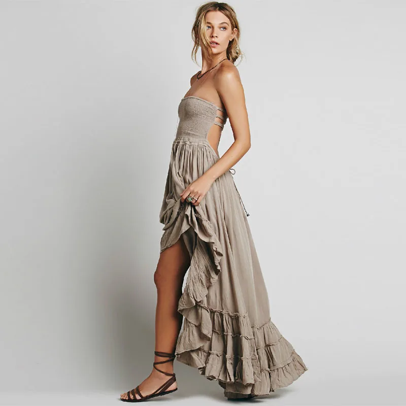 Женское богемное пляжное длинное платье с открытой спиной хлопковое летние