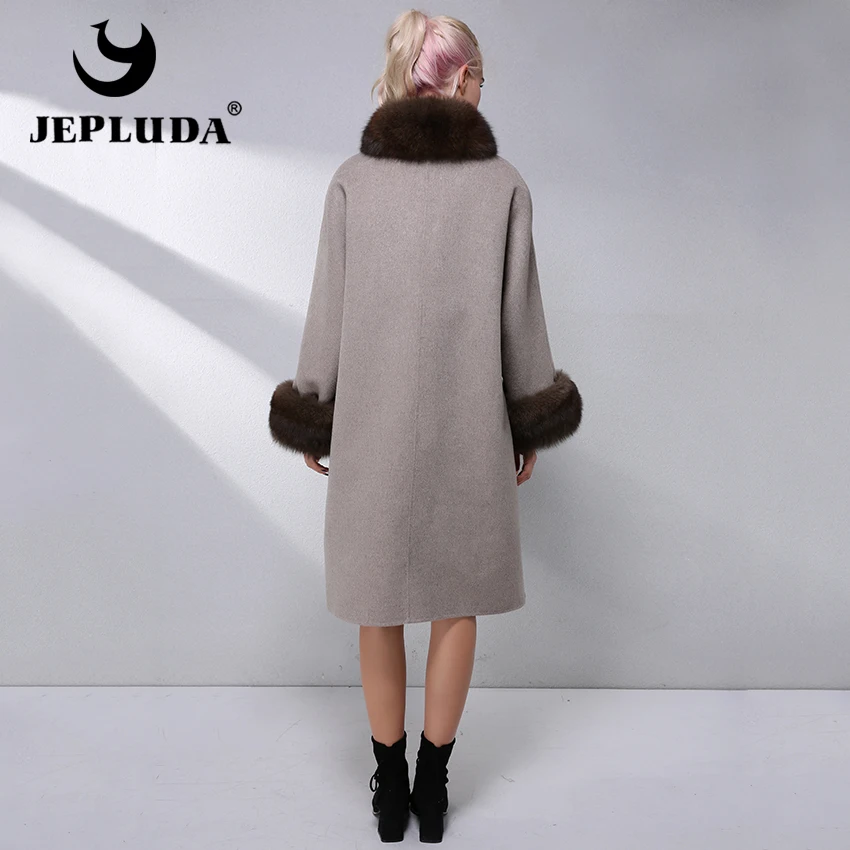 JEPLUDA Высокое Содержание 90% Кашемирового Пальто с Меховым Воротником Рукавом Натуральным Лиса Подкладка Кролик Съемными Plus Size Шерстяное Пальто Зимние Женское с Мехом Песец Верхняя Одежда Для Женщин Зима