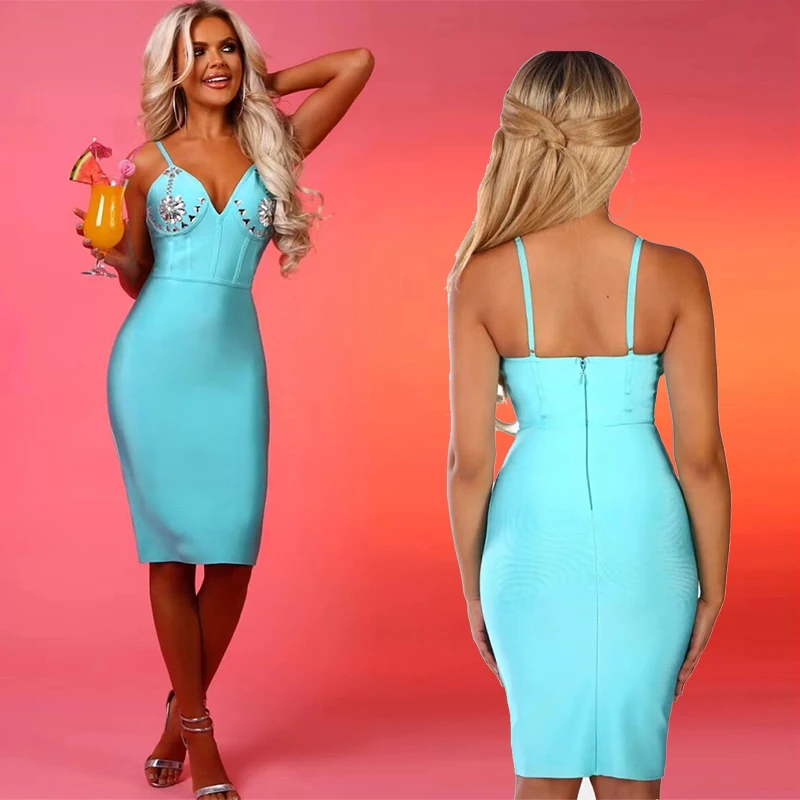 

Top Quality Women Bandage Dress Sky Blue Black Mantual Beading Slip Rayon Bandage Dress Homecoming Party Dress Sexy Club Dress