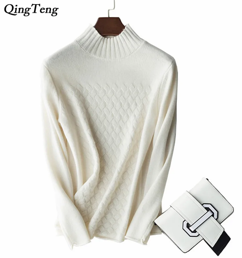 Женский вязаный свитер с высоким воротником из чистого кашемира длинным рукавом