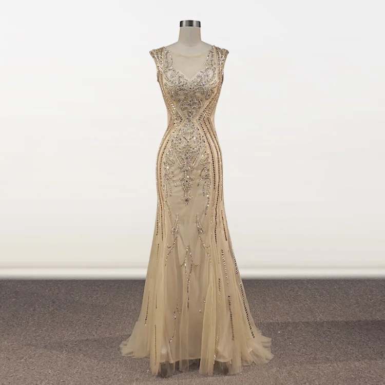 

Luxury Long Evening Dresses Sexy Sheer Back Mermaid O Neck Beaded Crystals Women Formal Celebrity Gowns iltapuku