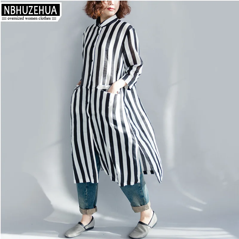 NBHUZEHUA A102 4XL 5XL Женские топы и блузки полосатая рубашка винтажные тонкие летние