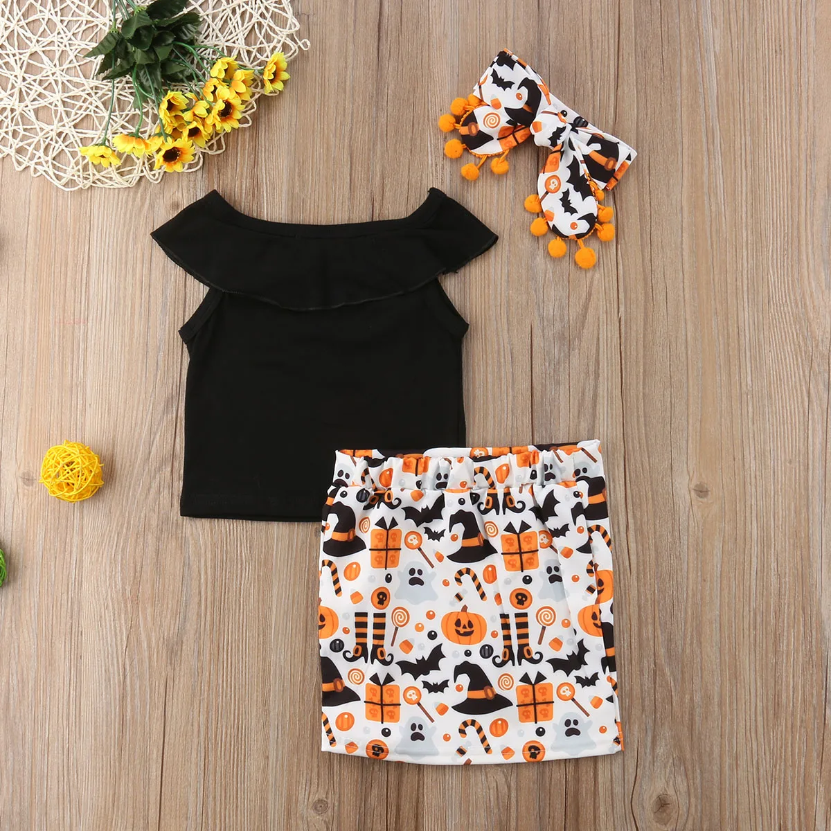 Однотонная Одежда для маленьких девочек 3 шт. черный топ без рукавов + юбка