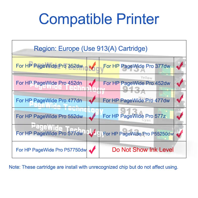 Ocinkjet для HP 913 913A Восстановленный чернильный картридж PageWide Pro 352dw 377dw 452dn 477dn 552dw 577dw