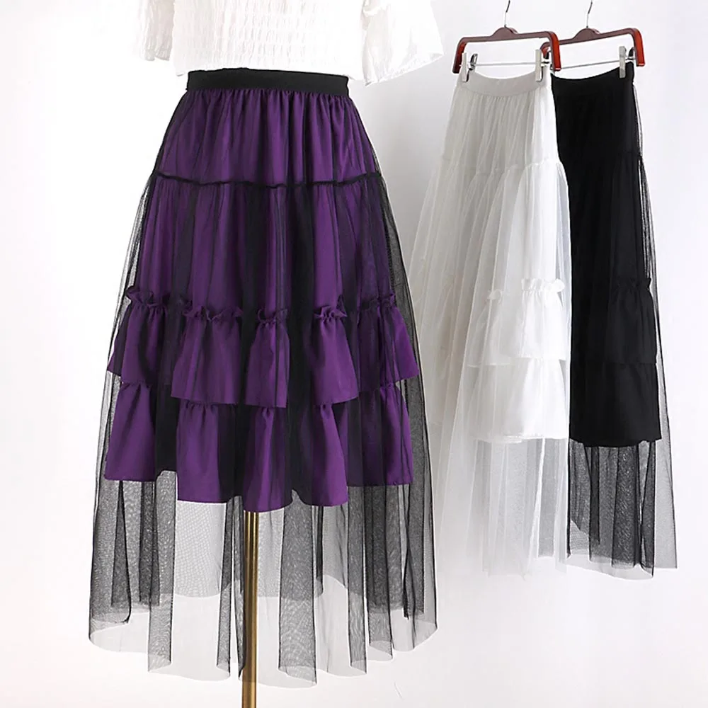 Summer 2018 New Korean Style Women Skirts A-Line Chiffon Office Lady High-Waist Pleated Mesh Patchwork Plain Girls Cupcake Skirt | Женская