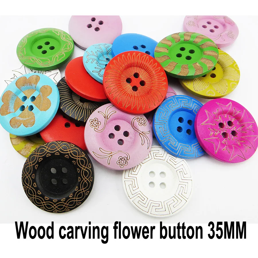 

15PCS 4-Holes Color Carving Flower Button Garment 4 HOLE Wooden Buttons Boots Coat Sewing Clothes Accessories 35MM MCB-053