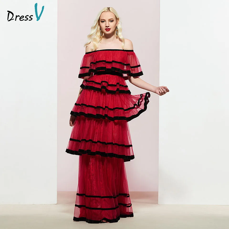 Dressv Красное длинное платье для выпускного вечера с открытыми плечами простая
