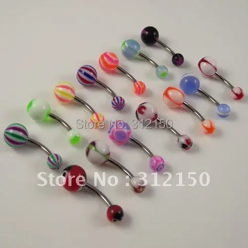 

100pcs/lot free shipping 14g Acrylic Ball STEEL Shaft Barbells Belly Ring Body Jewelry Belly Button Rings