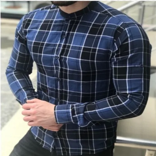 Синий Men's Shirts Checked Plaid Long Sleeve Slim Shirt V-Neck Formal Spring NEW Fashion Casual Men Tops Shirt - Цвет: Синий