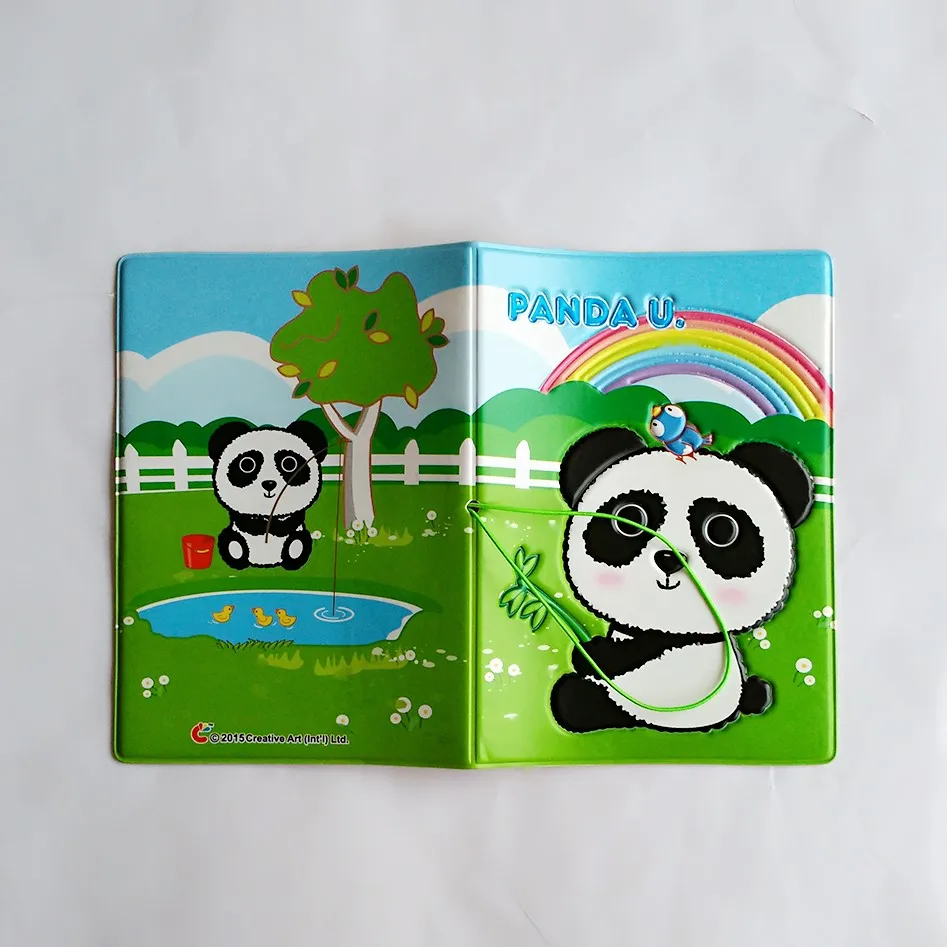 The Rainbow on the grass under pandas eat bamboo Passport Holder Green PVC Leather Travel Cover 3D Design 14*10CM | Багаж и сумки