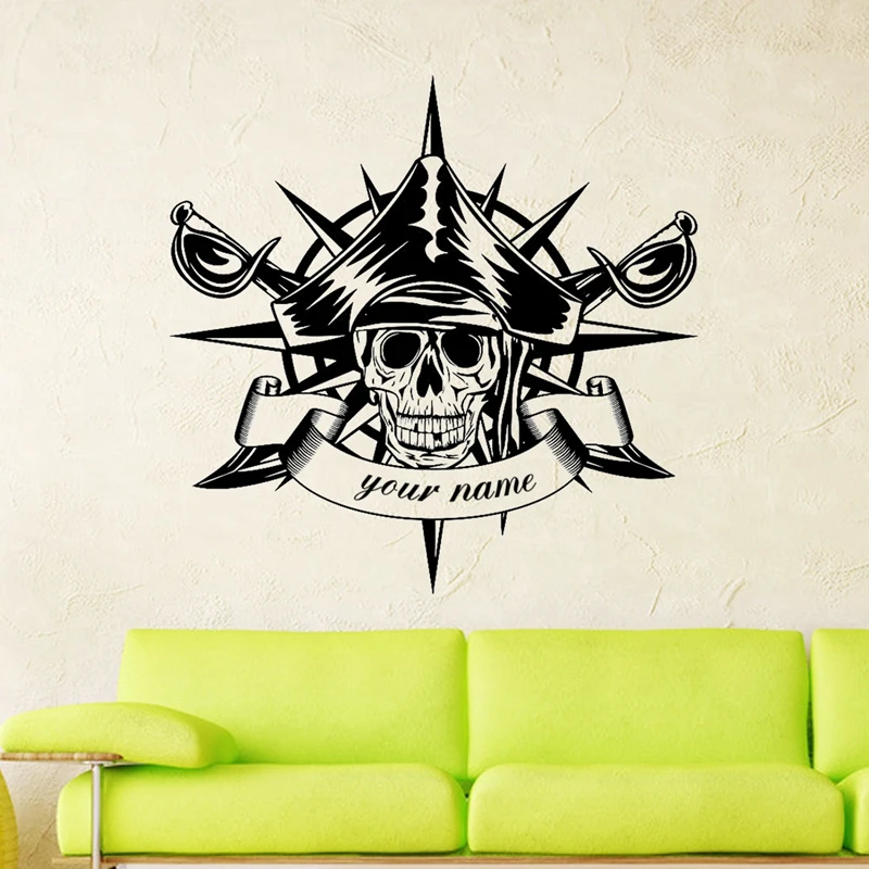 

Skull Halloween Compass Swords Pirate Sticker Punk Death Decal Devil Poster Name Wall Decals Parede Decor Mural