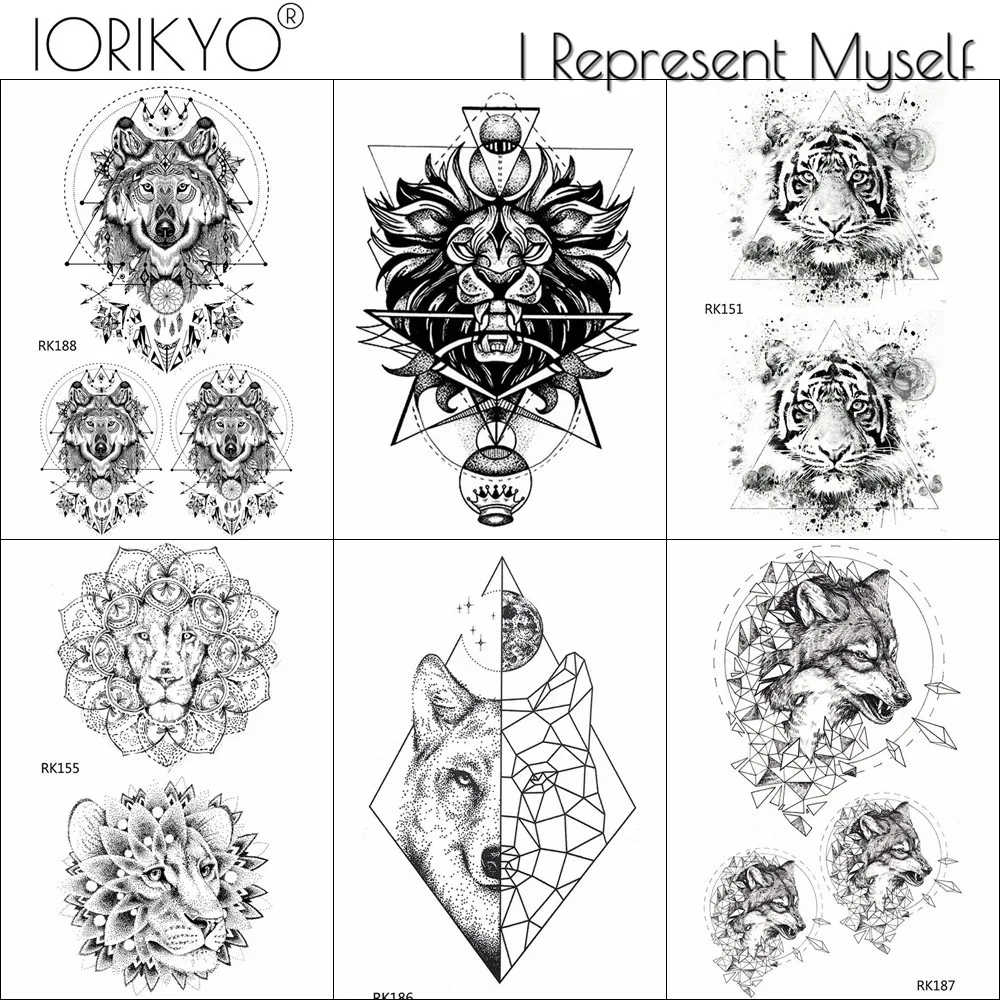 

Black Totem Lion Temporary Tattoo Women Arm Stickers Water Transfer Tatoos Geometric Animal Fake Men Forest Wolf Tattoo Cosmetic